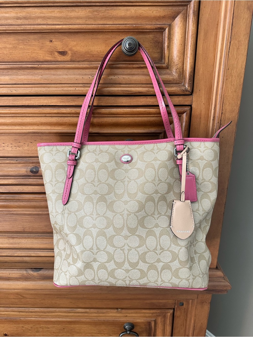 Coach Beige Signature Canvas Tote with Pink Trim